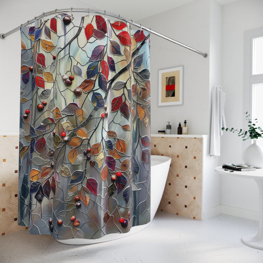 Stained Glass Fall Leaves And Berries Polyester Shower Curtain