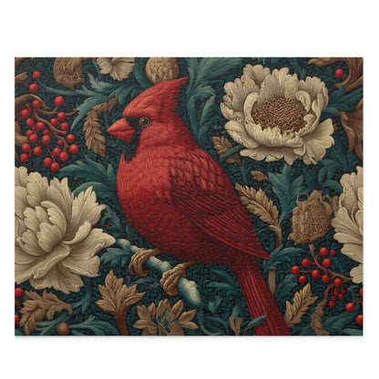 Red Cardinal Floral Puzzle, William Morris Inspired Botanical Jigsaw for Family