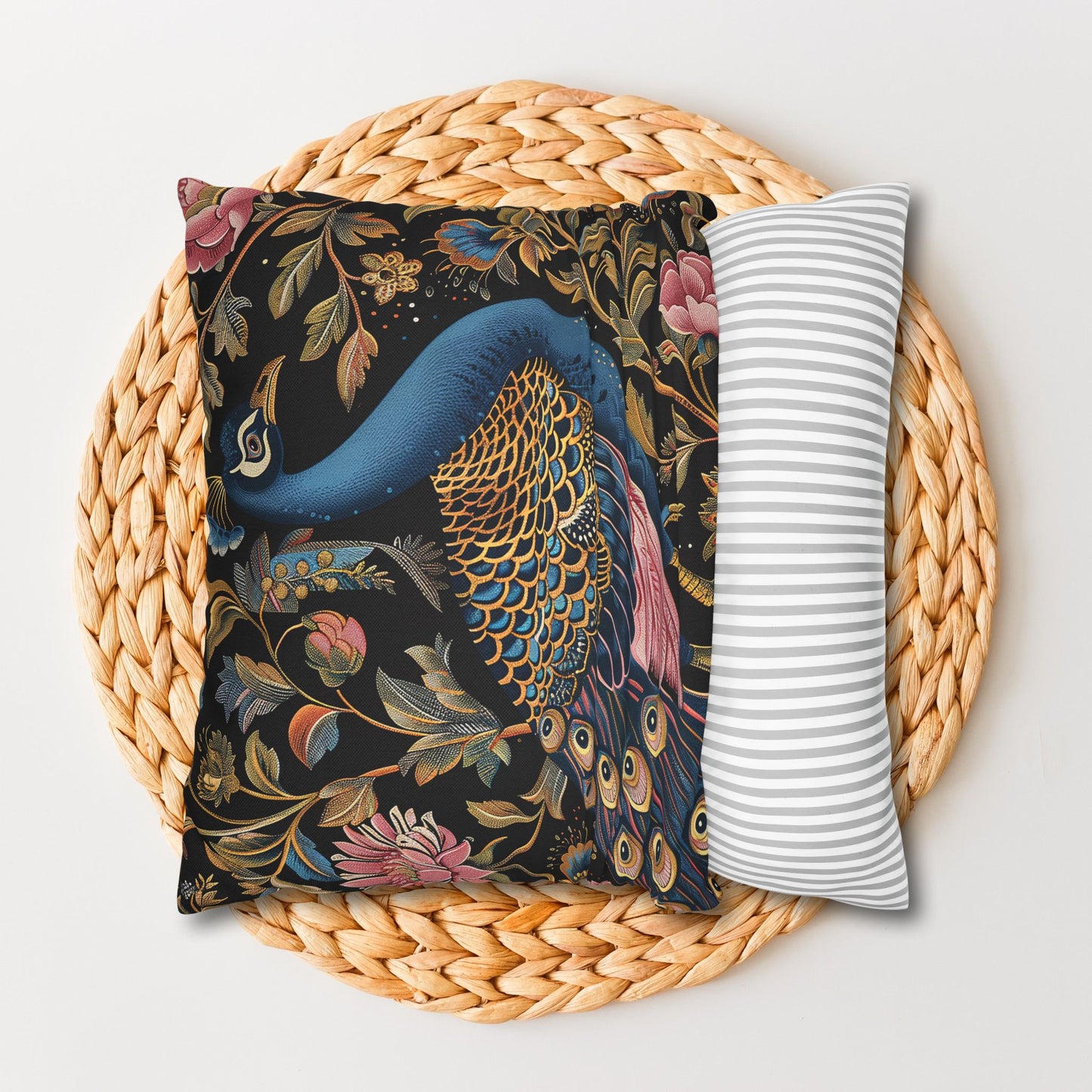 William Morris Inspired Peacock Pillowcase, Forest Floral Art, Peacock Spun Polyester Square Pillowcase