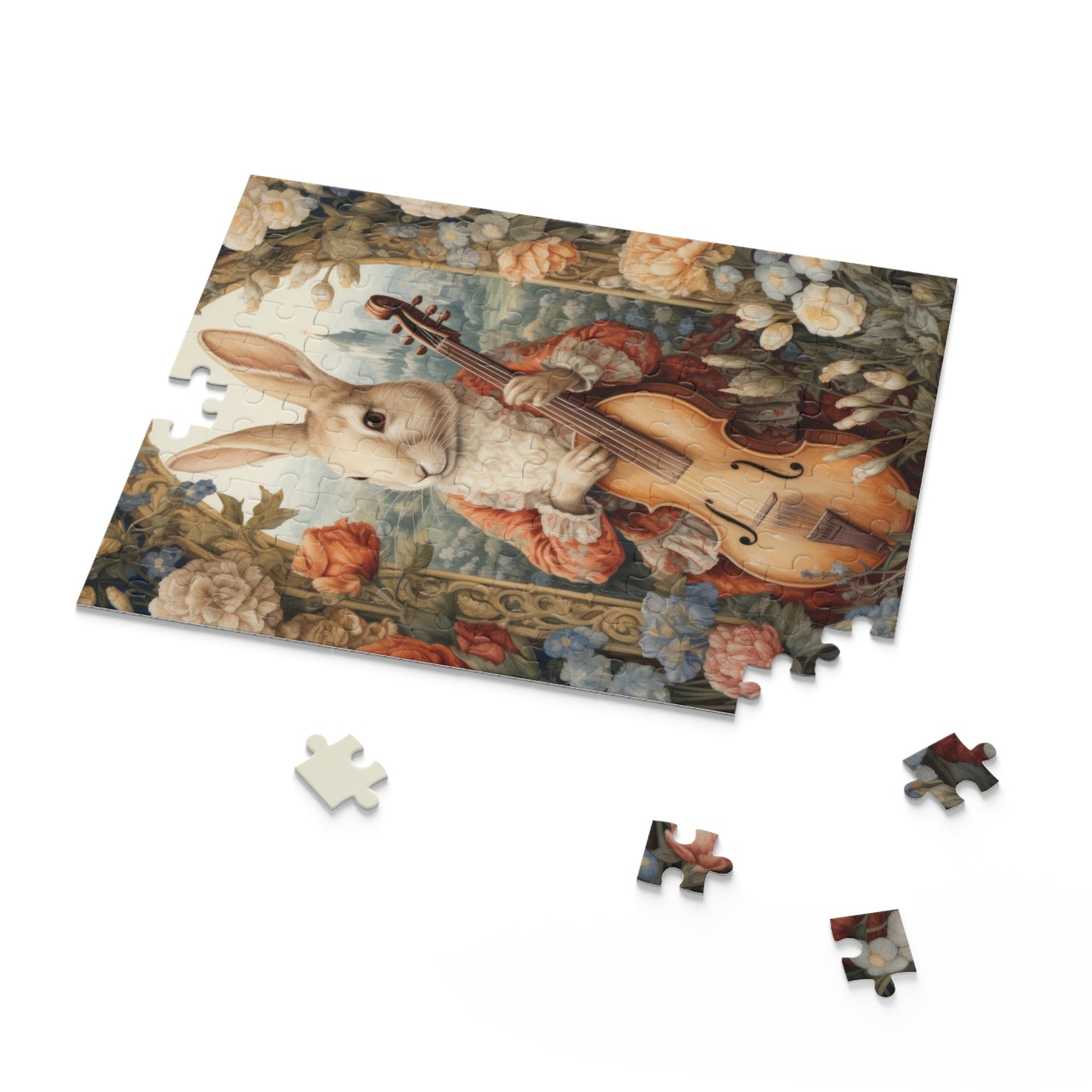 William Morris Inspired Victorian Rococo Rabbit Plays The Cello  Jigsaw Puzzle (120, 252, 500-Piece)