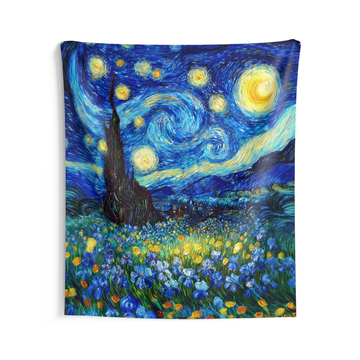 Starry Night Inspired Wall Tapestry with Floral Field, Vibrant Artistic Home Decor