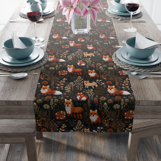 Embroidered Woodland Foxes Table Runner, Cottagecore Pattern, Fall Holiday Dining (Cotton Poly) Home Decor Accent, Thanksgiving