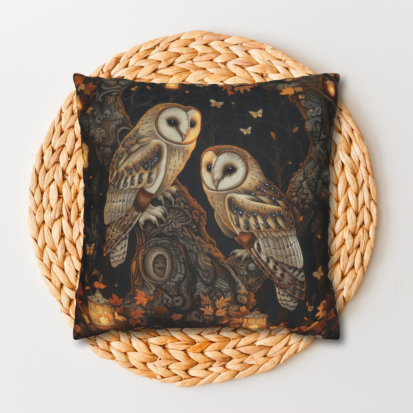 Enchanted Forest Owl Pillow, Decorative Fall Square Pillowcase