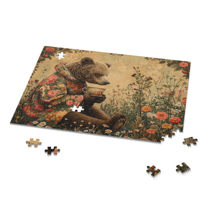 Tea Time Bear Wildflower in William Morris Style (120, 252, 500-Piece) Adult Jigsaw Puzzle, Gift Him Her