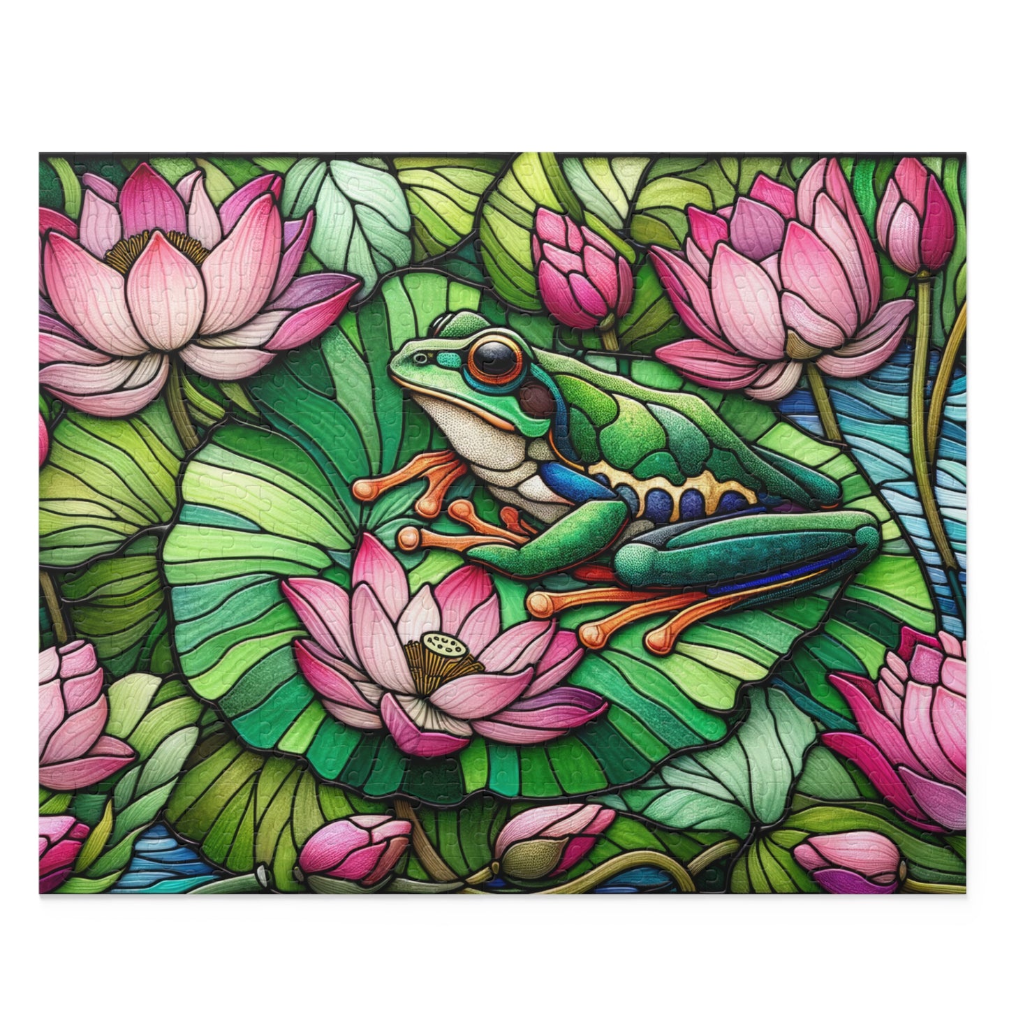 Stained Glass Frog Pink Water Lily Puzzle (120, 252, 500-Piece) Family Jigsaw Puzzle, Puzzle Box Gift