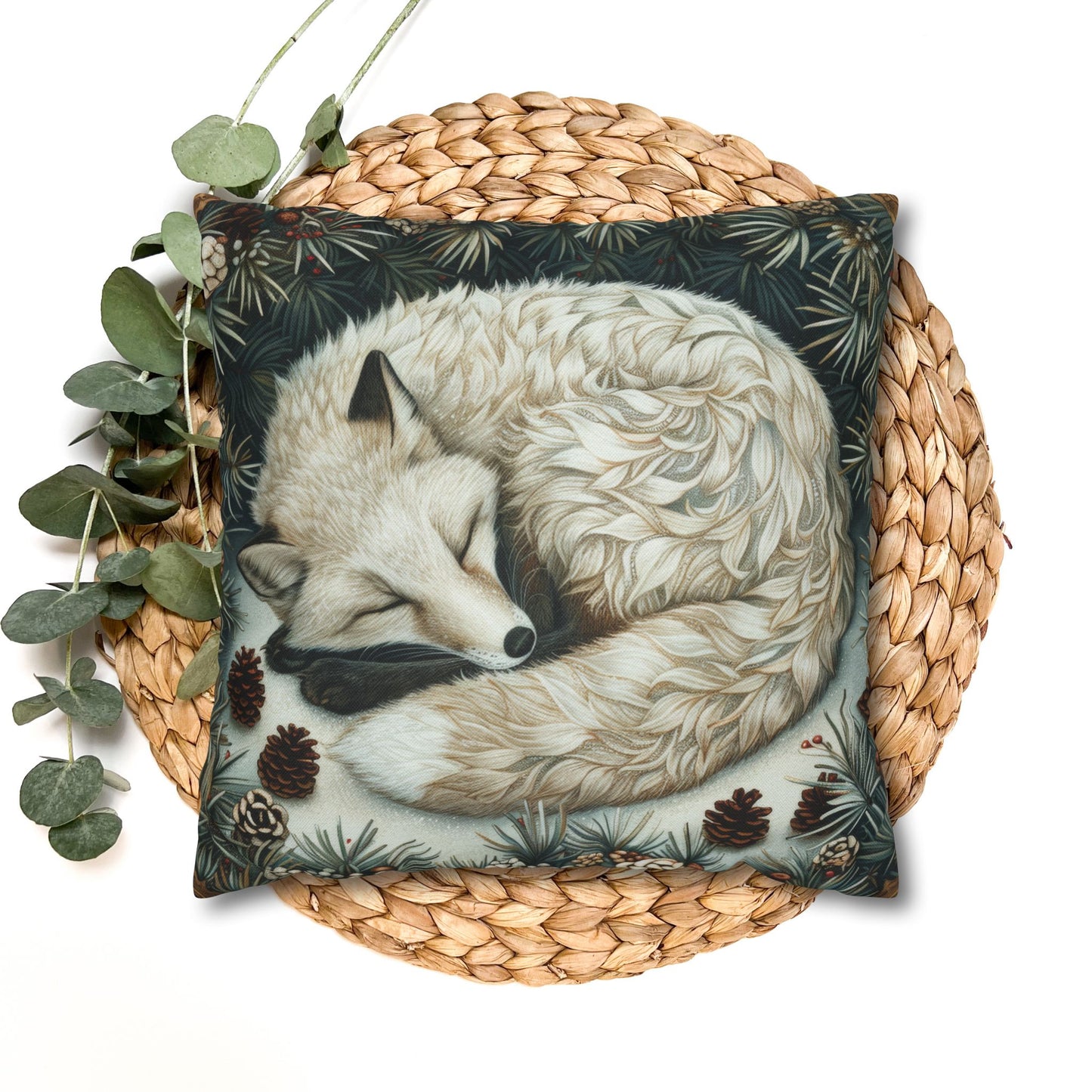 Art Deco Arctic Fox Pillow Cover: William Morris Style Winter Cushion
