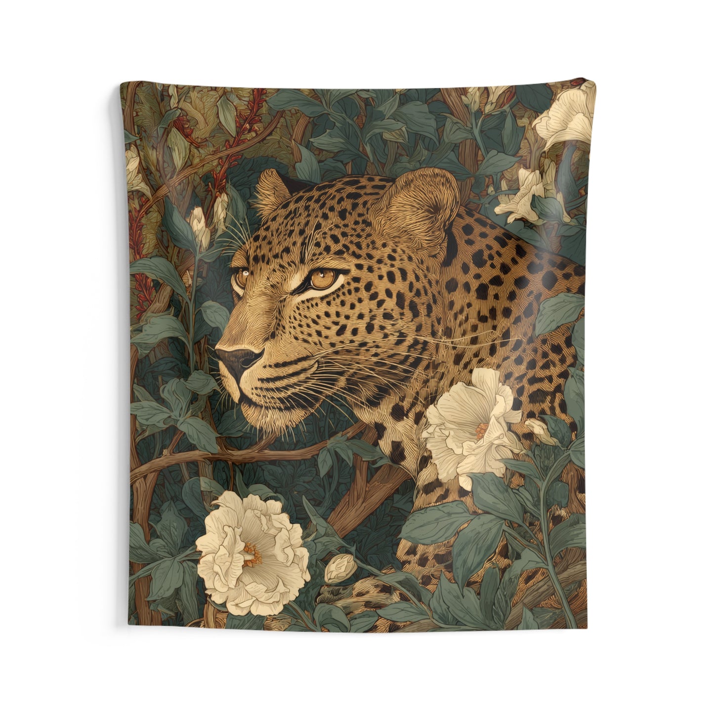 Vintage Leopard Botanical Tapestry, Elegant Jungle Floral Wall Hanging