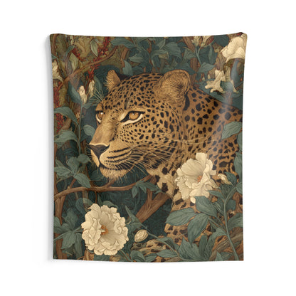 Vintage Leopard Botanical Tapestry, Elegant Jungle Floral Wall Hanging