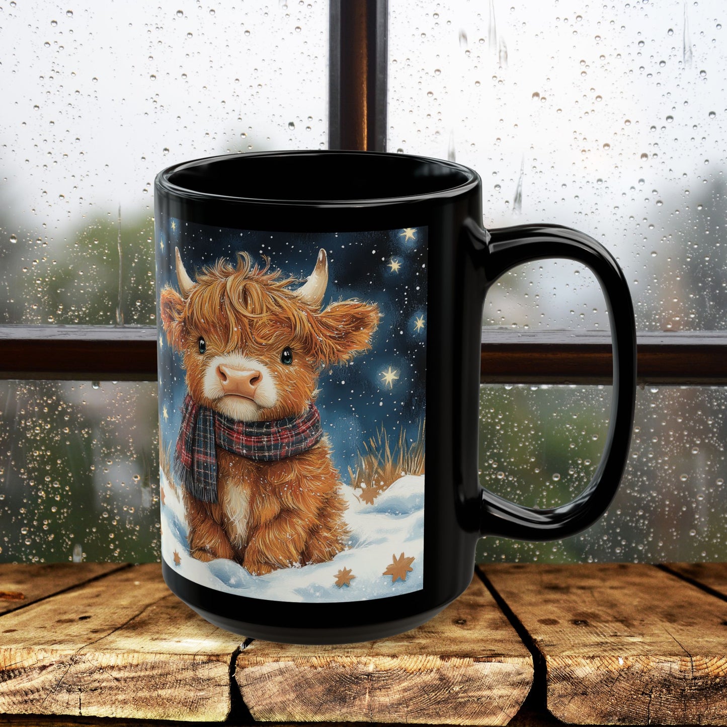 Highland Cow Winter Night Black Mug, Cute Baby Cow Coffee Cup (11oz, 15oz) Animal Lover Gift, Farmhouse Kitchen Decor, Christmas Gift,