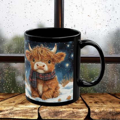 Highland Cow Winter Night Black Mug, Cute Baby Cow Coffee Cup (11oz, 15oz) Animal Lover Gift, Farmhouse Kitchen Decor, Christmas Gift,