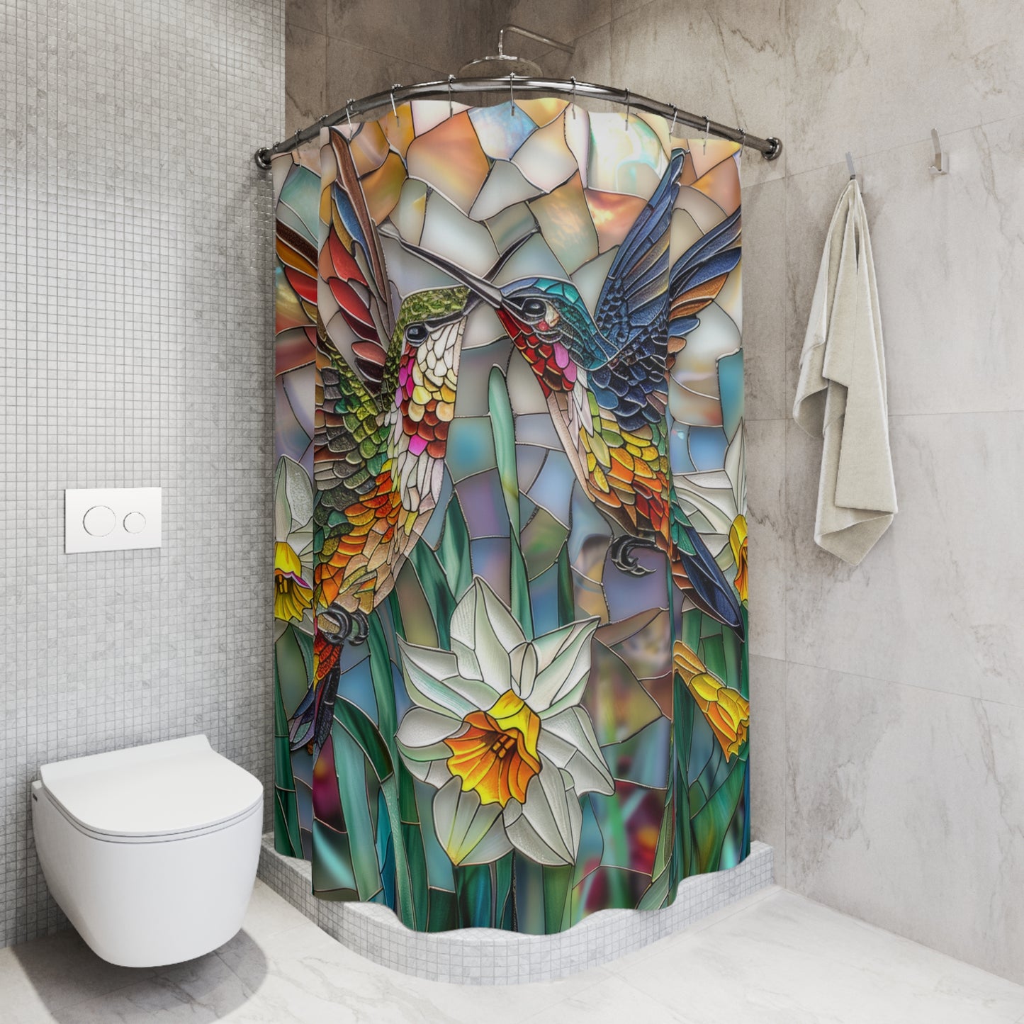 Stained Glass Hummingbirds Daffodils Field Polyester Shower Curtain