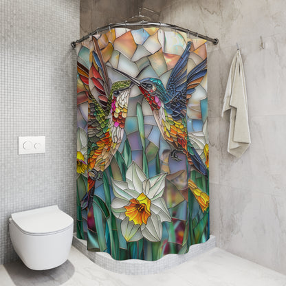 Stained Glass Hummingbirds Daffodils Field Polyester Shower Curtain