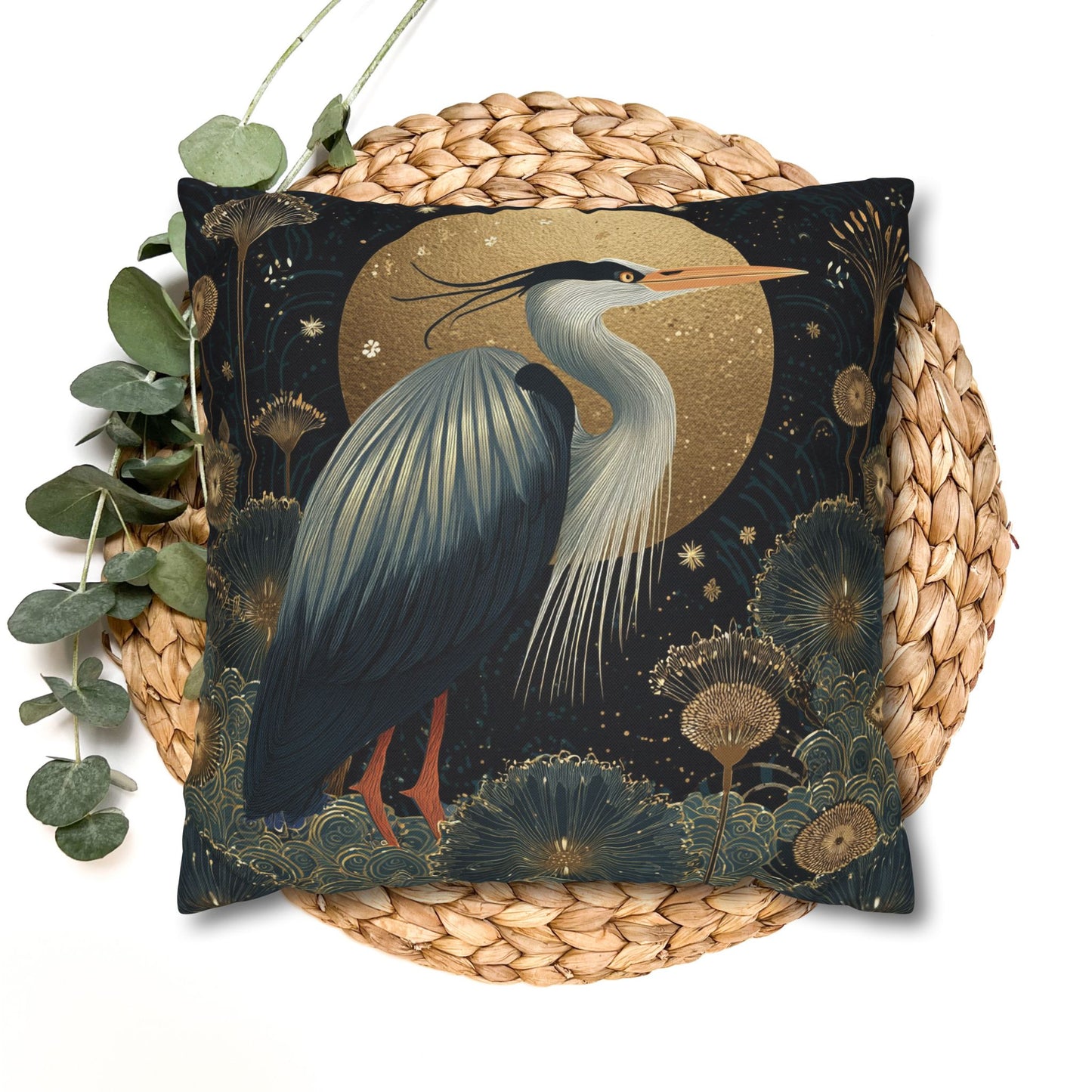 Heron Moon Decorative Pillowcase, Elegant Coastal Throw Pillow Cover