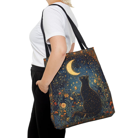 Tote Bag - Black Cat Whimsical Night, William Morris Inspired, Cottage-core Eco-Friendly Carryall