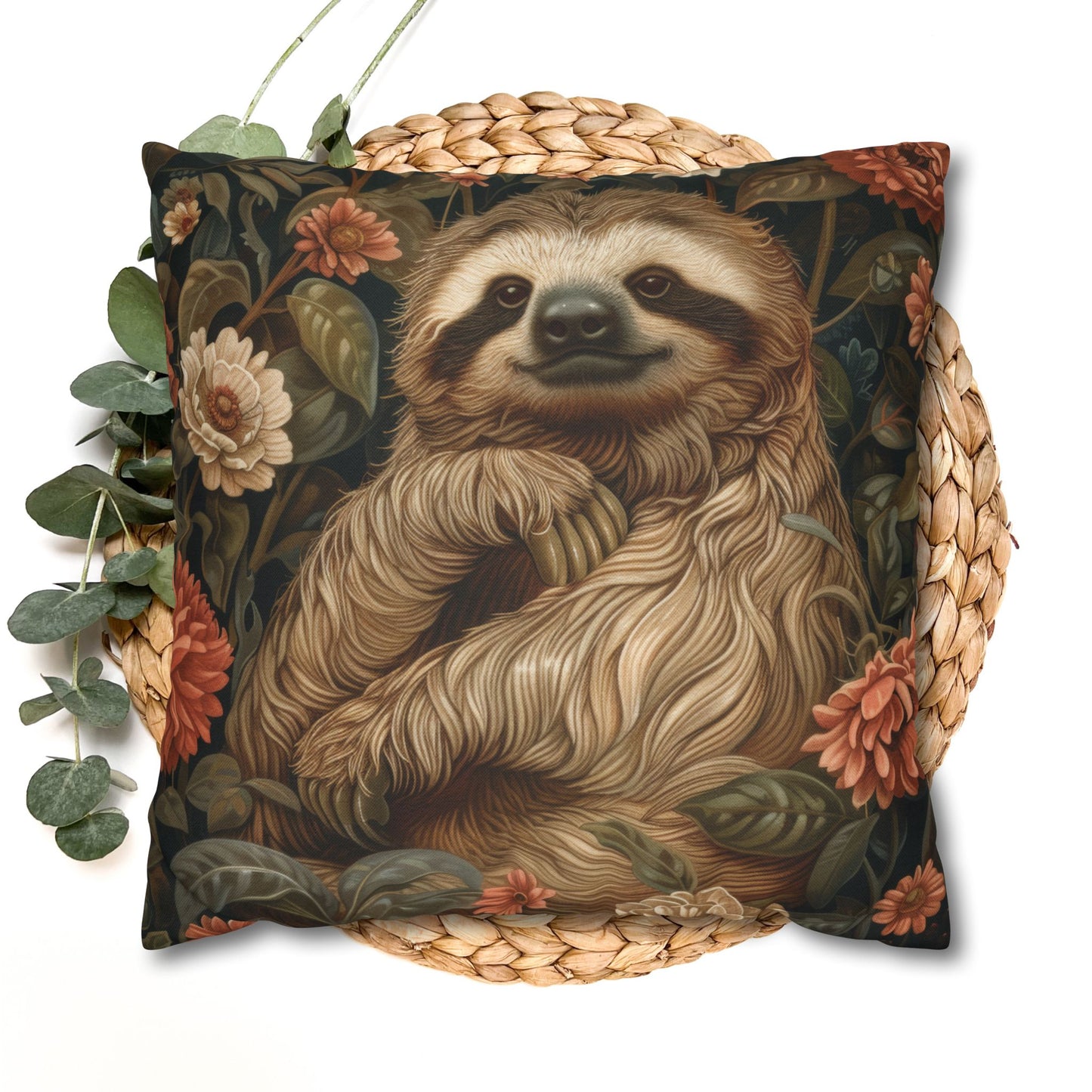 Botanical Sloth Pillowcase, Cozy Woodland Animal Cushion, William Morris Inspired Floral Throw Pillowcase