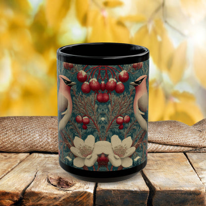 Waxwing Bird Vintage Berry Botanical Black Mug (11oz,15oz) Nature Lover Wildlife Art Gift