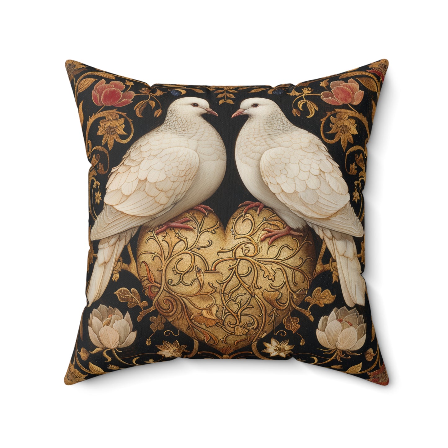 Victorian Ornate Lovebirds Pillow, Golden Heart Decorative Cushion, William Morris Inspired Home Decor, Dove Throw Pillow Cover, Elegant