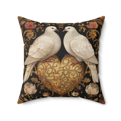 Victorian Ornate Lovebirds Pillow, Golden Heart Decorative Cushion, William Morris Inspired Home Decor, Dove Throw Pillow Cover, Elegant