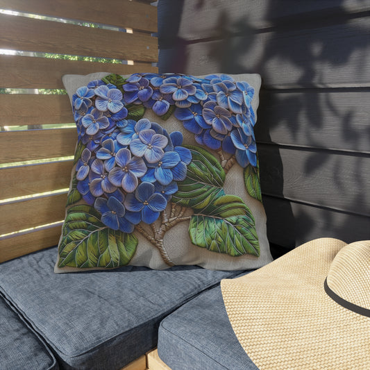 Blue Hydrangea Outdoor Pillow, Floral Throw Pillow, Cottage Garden Cushion, Botanical Accent Pillow, Farmhouse Patio Decor, Spring Summer Pillow Cover Gift