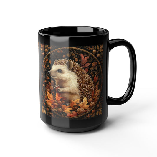 William Morris Inspired Hedgehog Acorns, Fall Vibes Black Coffee Mug For Her Him, Gift for Nature Lover,