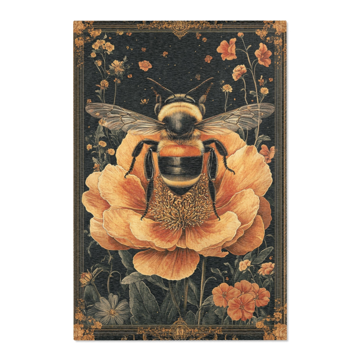 Vintage Botanical Bumblebee Rectangle Area Rug, Cottagecore Living Room Carpet, Floral Room Art Deco Rug, Housewarming Gift, Moms Gift