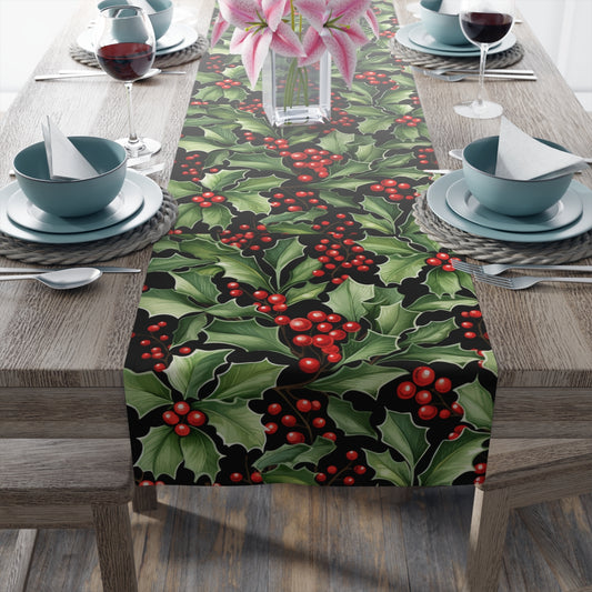 Watercolor Holly Poinsettia Pattern Table Runner, Festive Dining Decor, Christmas Table Linens, Winter Home Decor, Cotton Poly Blend Runner