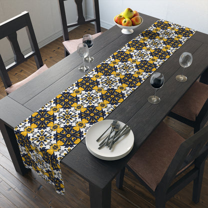 Blue And Yellow Floral Pattern, Azulejo Tile Design Table Runner Home Decor (Cotton, Poly ) Decorative Dining Room Table