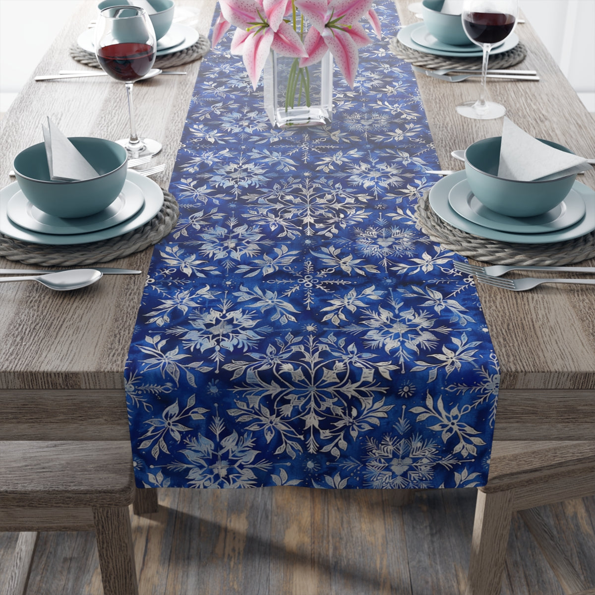 Royal Blue Snowflake Pattern, Batik Art Style, Table Runner Home Decor, Holiday Dining, Christmas Decor, Festive Table Setting