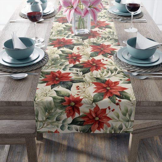 Watercolor Holly Poinsettia Pattern Table Runner, Festive Dining Decor, Christmas Table Linens, Winter Home Decor, Cotton Poly Blend Runner