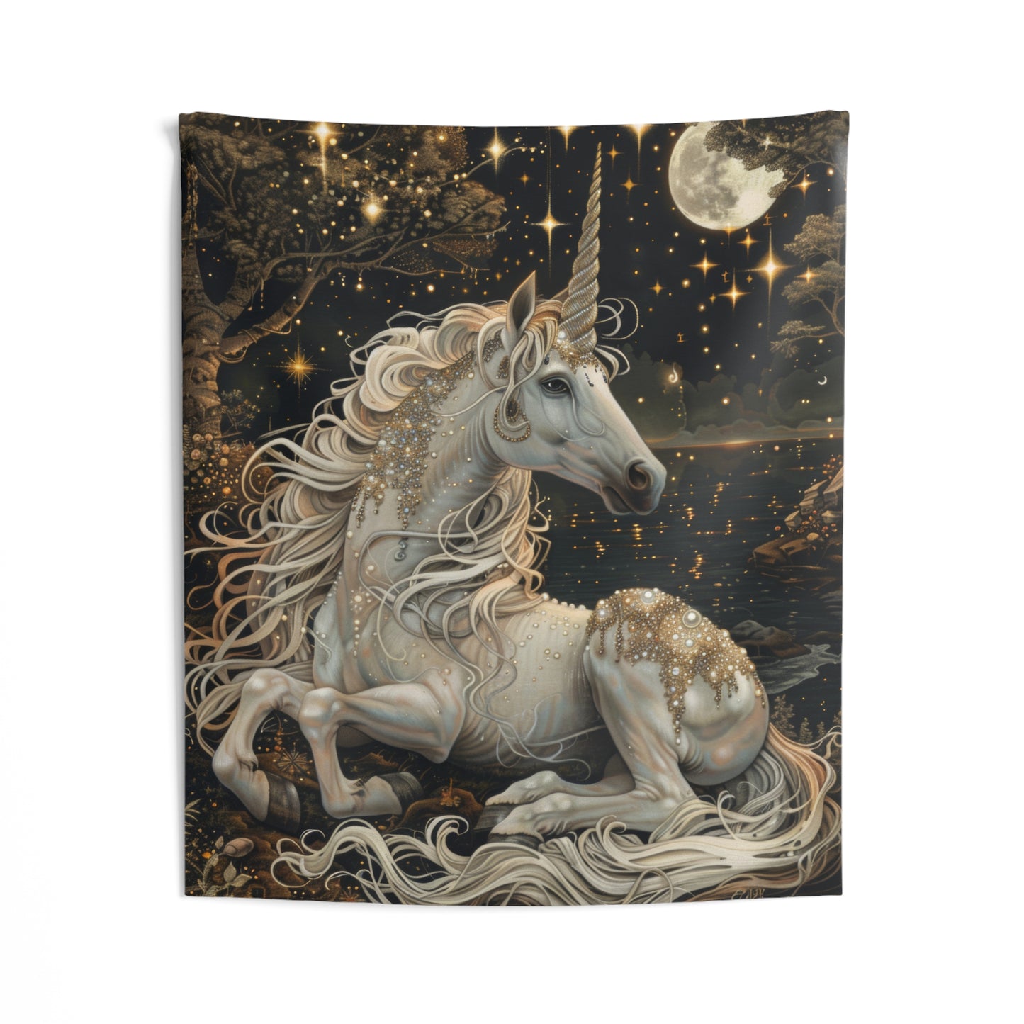 Victorian White Pearl Unicorn Whimsical Night William Morris Inspired Tapestry Wall Art