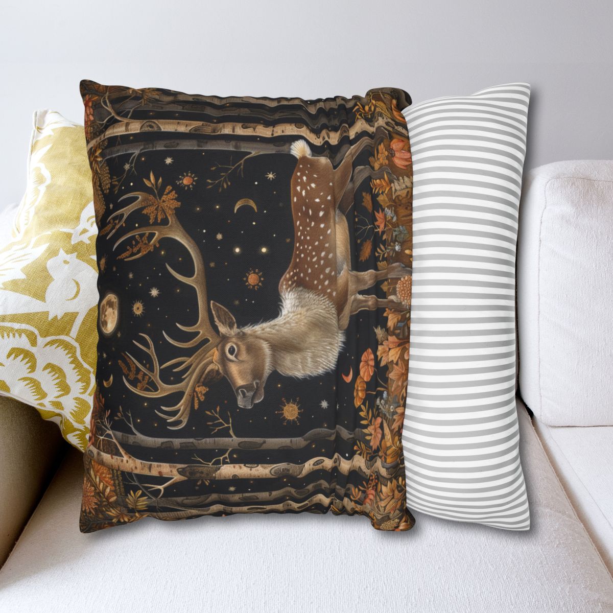 Victorian Reindeer Full Moon And Stars in Whimsical Night Pillow Home Decor, Spun Polyester Square Pillow