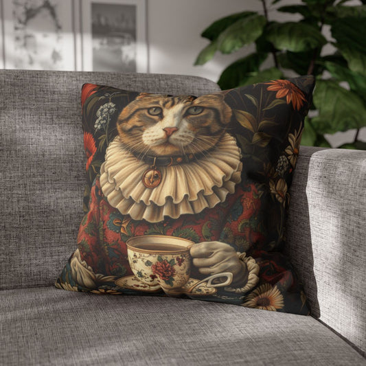 Victorian Style Portrait Of Rococo Cat, Tea Time in The Garden Decorative Pillow, Vintage Cozy Home Decor, Gift for Cat Lovers