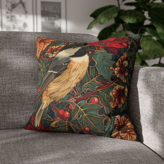 Chickadee Decorative Pillow, Vintage Home Decor, Spun Polyester Square Cushion, Winter Floral Throw Accent, Bird Lover Gift