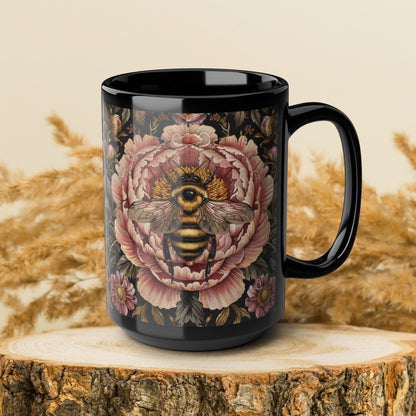William Morris Inspired Bumblebee Pink Peony Black Coffee Mug For Her Him Ceramic Mug Black Mug 11oz, 15oz