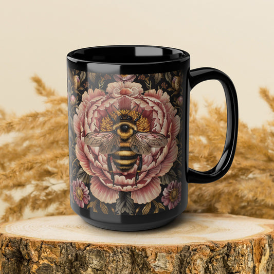 William Morris Inspired Bumblebee Pink Peony Black Coffee Mug For Her Him Ceramic Mug Black Mug 11oz, 15oz