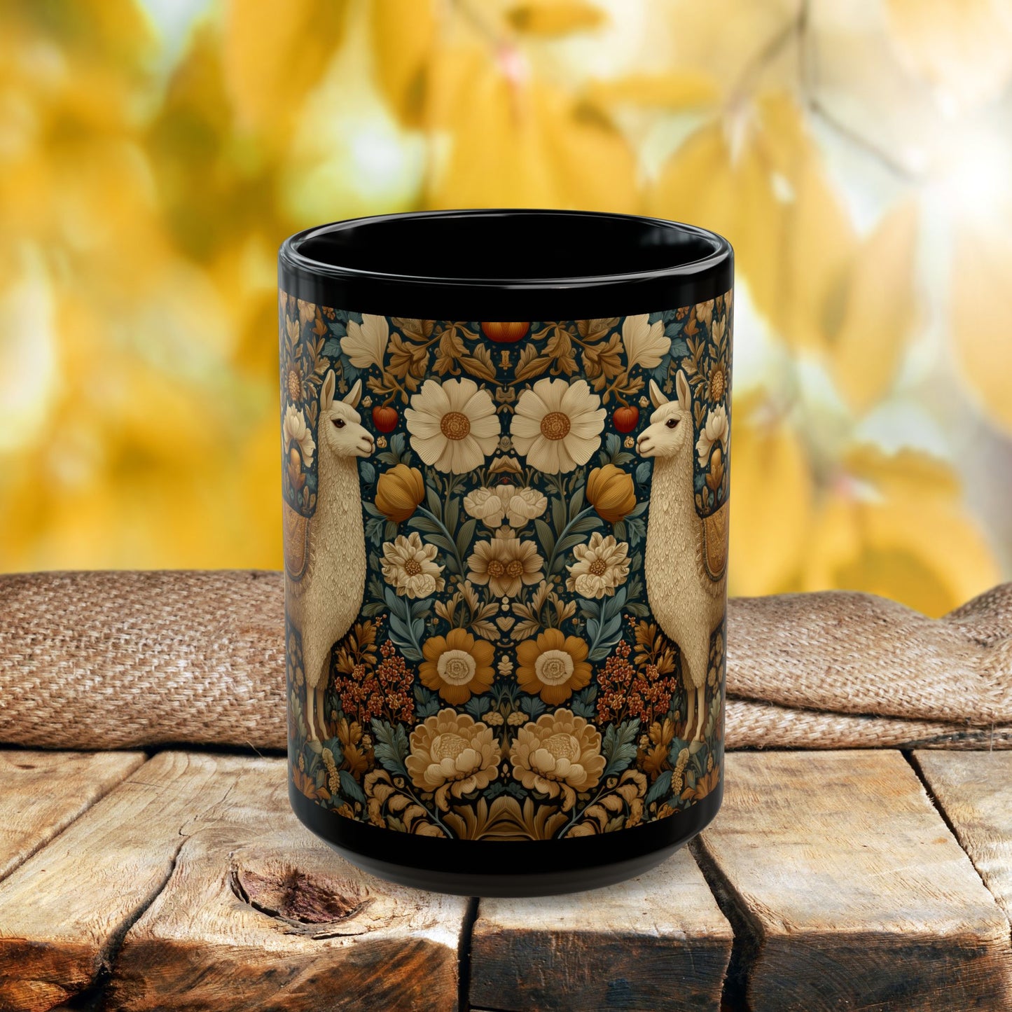 Vintage Floral Llama Mug | Black Ceramic Coffee Cup
