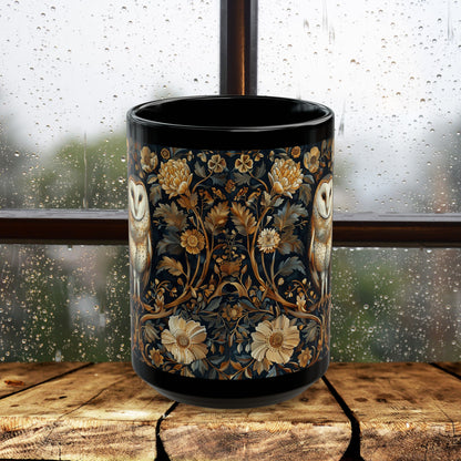 William Morris Inspired Botanical Barn Owl Black Coffee Mug | Mystical Owl Black Mug 11oz, 15 oz
