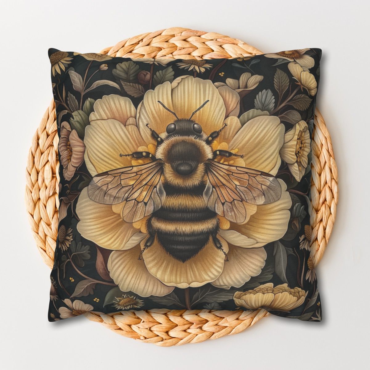 Botanical Bumblebee William Morris Inspired Pillow, William Morris Cushion Cover, Art Nouveau Pillow