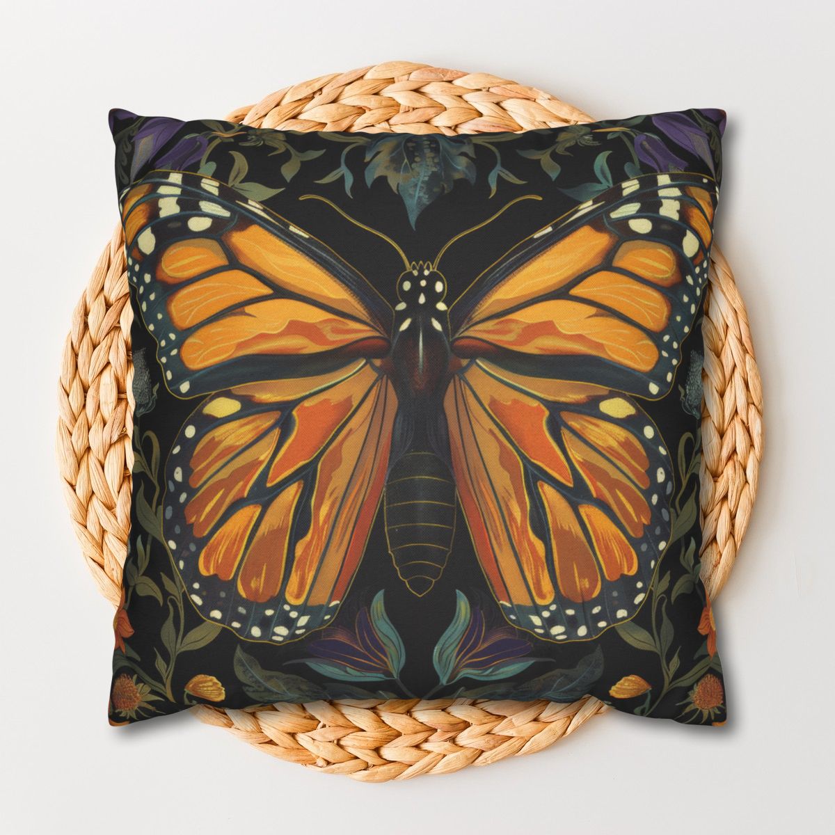 William Morris Inspired Monarch Butterfly Pillow, Decorative Monarch Butterfly Cushion, Spun Polyester Square Pillow