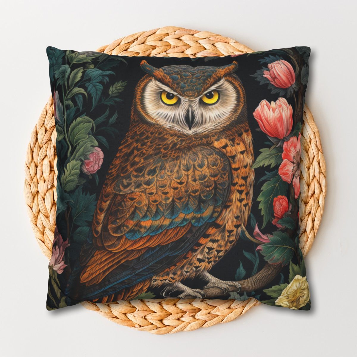 William Morris Inspired Night Owl Pillow, Decorative Owl Cushion, Spun Polyester Square Pillow