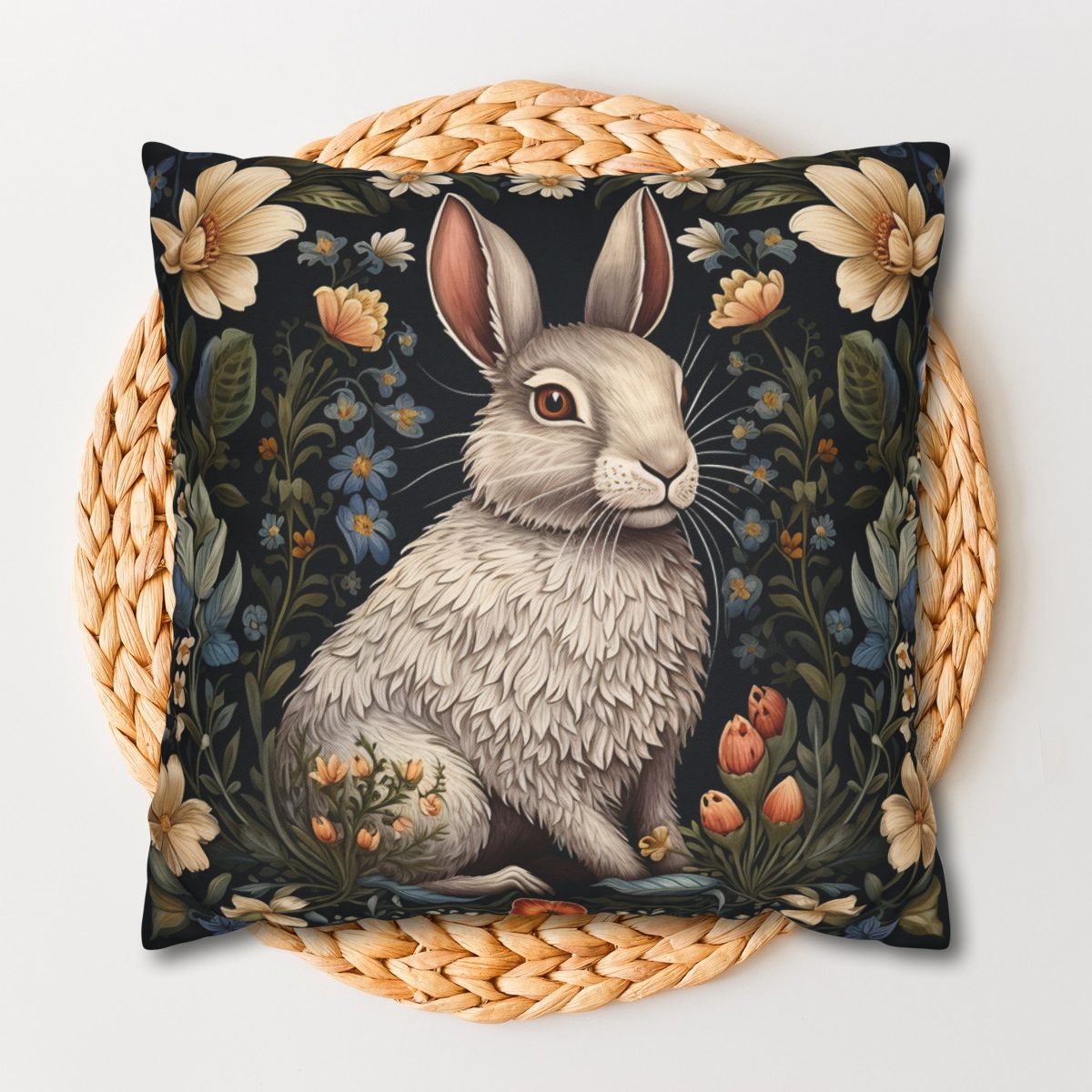 Botanical Bunny William Morris Inspired Pillow, Decorative Rabbit Cushion, Spun Polyester Square Pillow