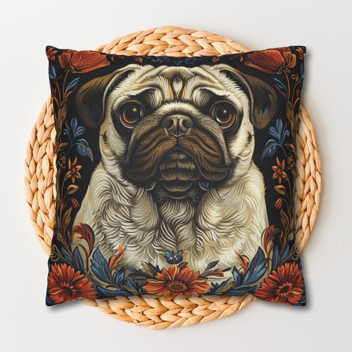 William Morris Pug Dog Pillow Inspired, Decorative Pug Cushion, Spun Polyester Square Pillow