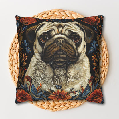 William Morris Pug Dog Pillow Inspired, Decorative Pug Cushion, Spun Polyester Square Pillow