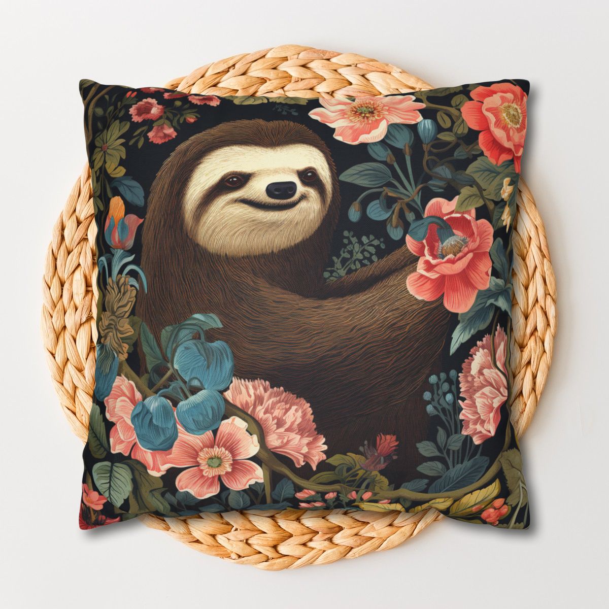 William Morris Inspired Sloth Pillow, Inspired, Decorative Sloth Cushion, Spun Polyester Square Pillow