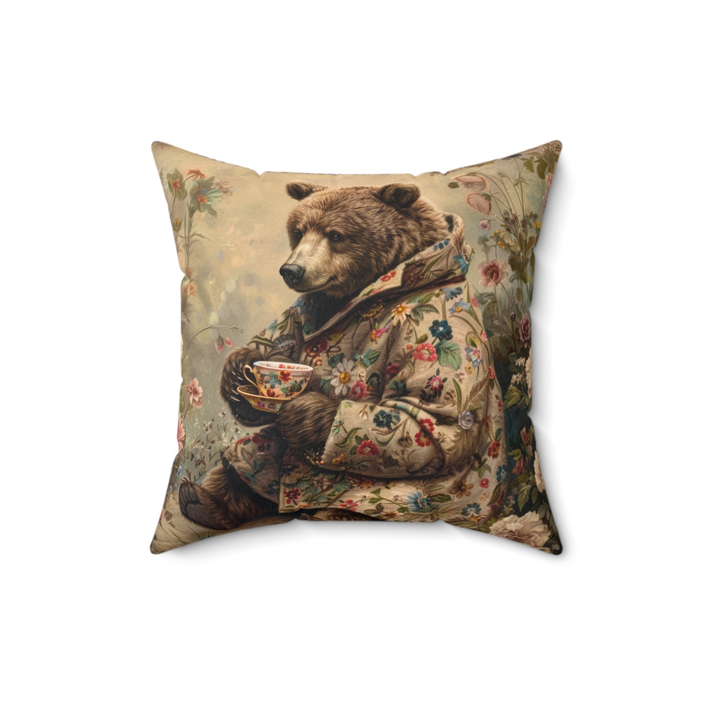 Cozy Floral Bear Tea Time Pillow Decorative Square Throw Pillow