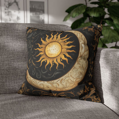 Celestial Sun and Moon Gold Ornate Gothic Polyester Square Pillowcase