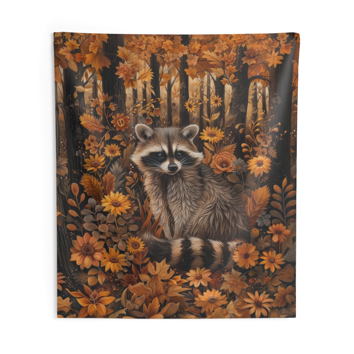 William Morris Inspired Woodland Raccoon Autumn Forest Tapestry Wall Art