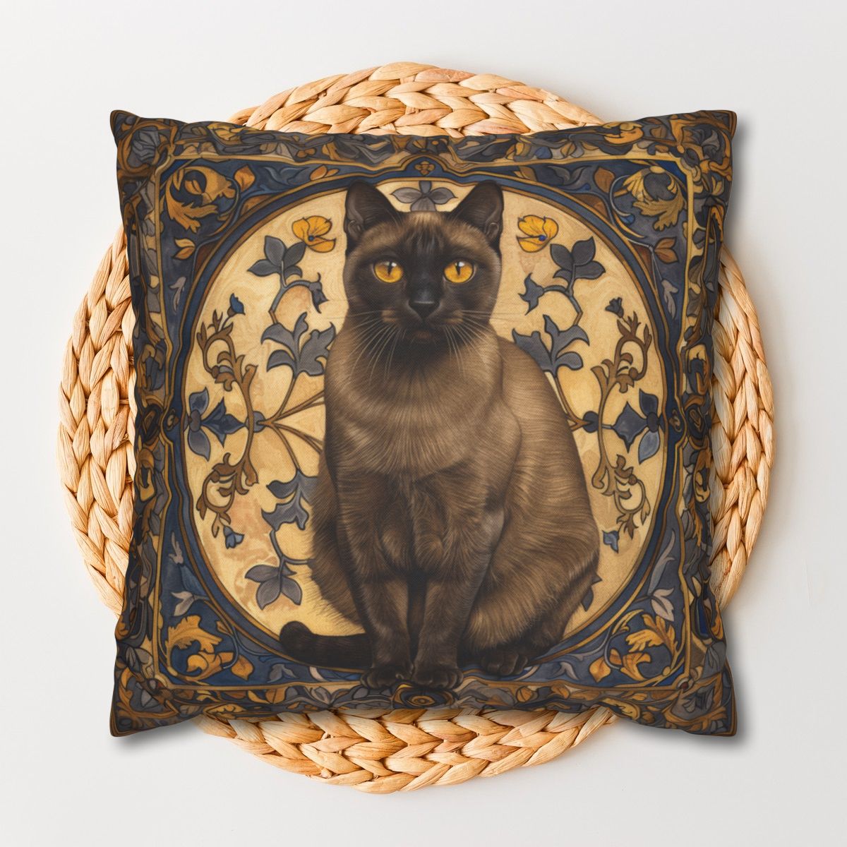 Art Deco Burmese Cat Decorative Pillow | William Morris Inspired | Cottage-core Pillow
