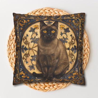 Art Deco Burmese Cat Decorative Pillow | William Morris Inspired | Cottage-core Pillow