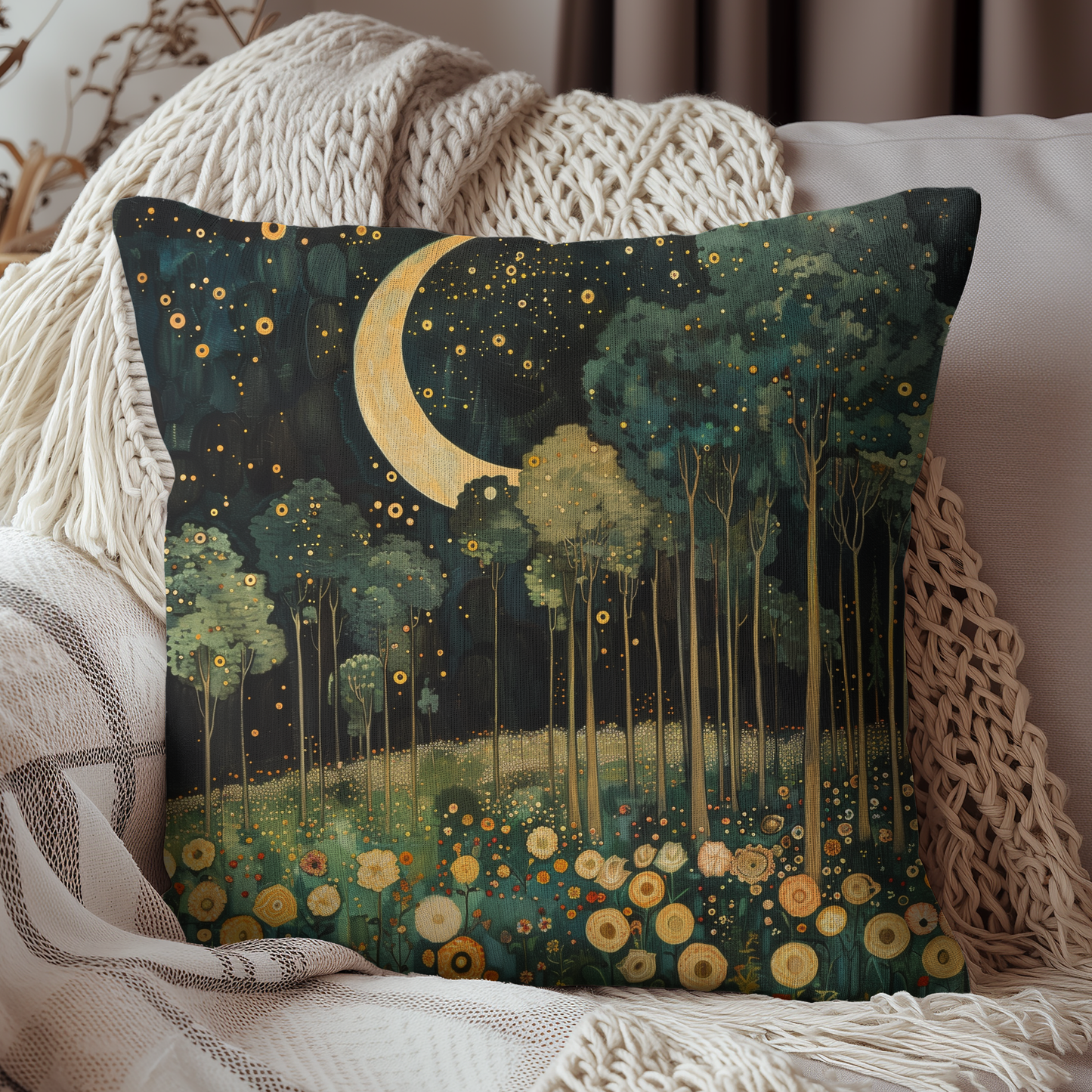 Moonlit Forest Decorative Pillow, Gustav Klimt Inspired Night Sky Botanical Cushion